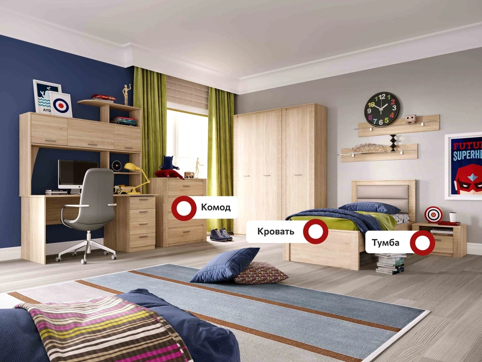 Гарнитур для молодёжной комнаты Элана, композиция 1, дуб сонома