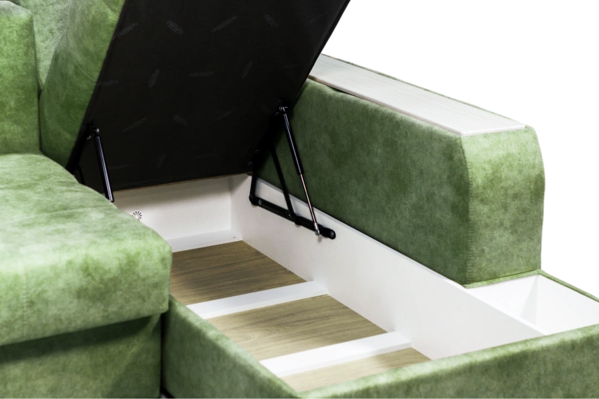 Диван угловой Остин, ткань Fresca deep green, угол правый, декор Рамух белый