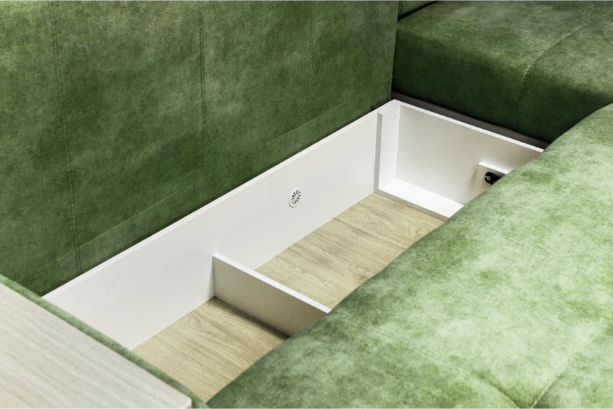 Диван угловой Остин, ткань Fresca deep green, угол правый, декор Рамух белый