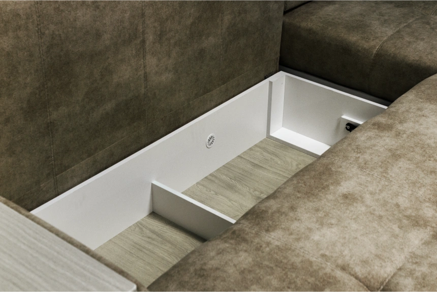 Диван угловой Остин, ткань Tornado stone, угол правый, декор Рамух белый