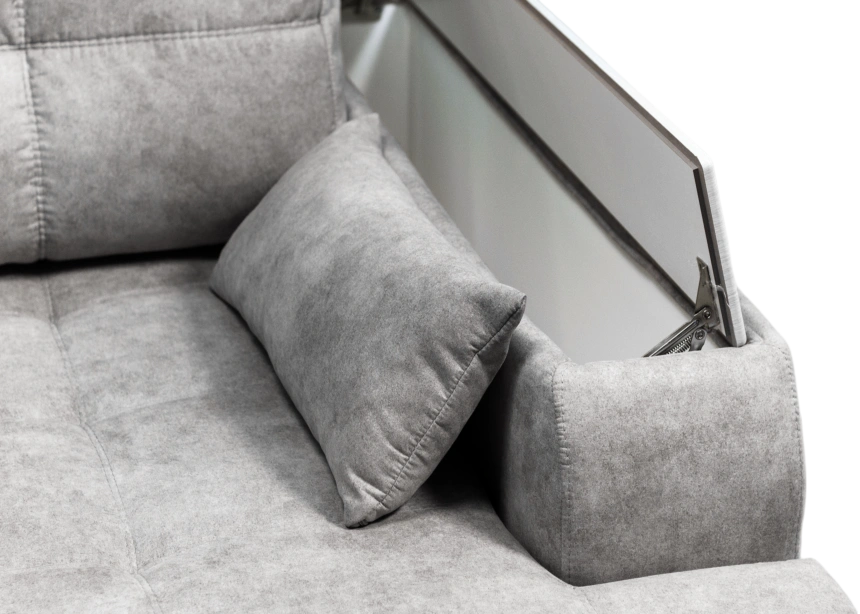 Диван угловой Остин, ткань Tornado blue steel, угол правый, декор Рамух белый