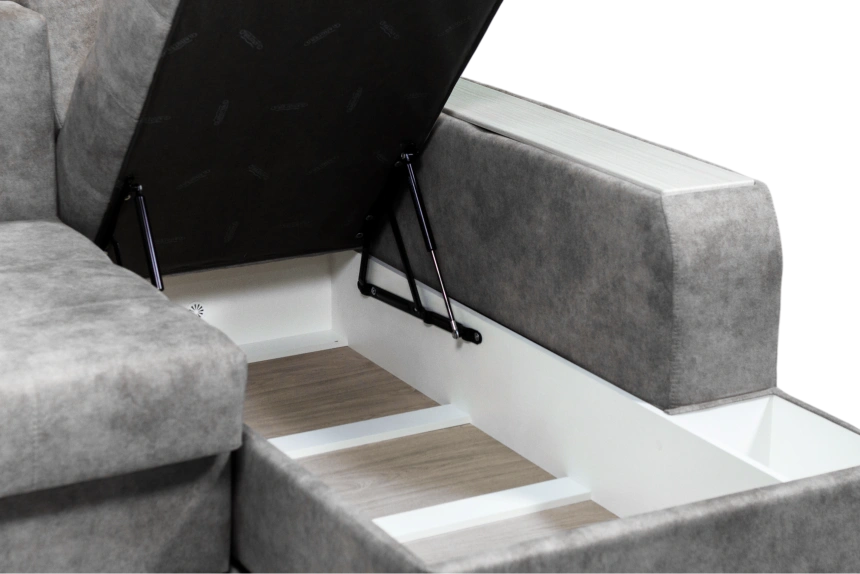 Диван угловой Остин, ткань Tornado blue steel, угол правый, декор Рамух белый