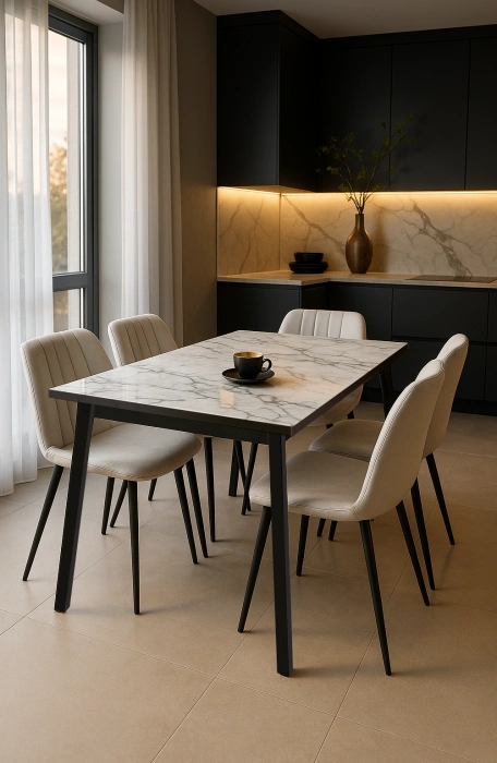 Кухонный раздвижной стол Агни, 110(140)х68х76, стекло, мрамор белый / черный матовый