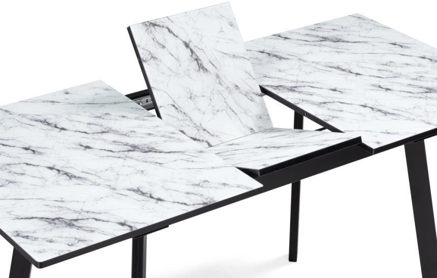 Кухонный раздвижной стол Агни, 110(140)х68х76, стекло, мрамор белый / черный матовый
