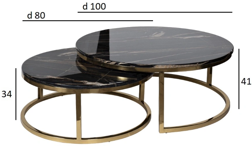 Комплект журнальных столов 57EL-CT101А-BL, 100x100x41, искусственный мрамор, черный мрамор / золото