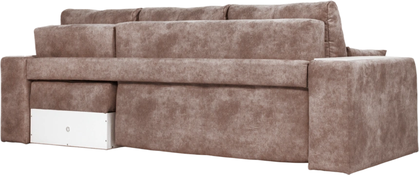 Диван угловой Остин, ткань Tornado chocolate, угол правый, декор Рамух белый