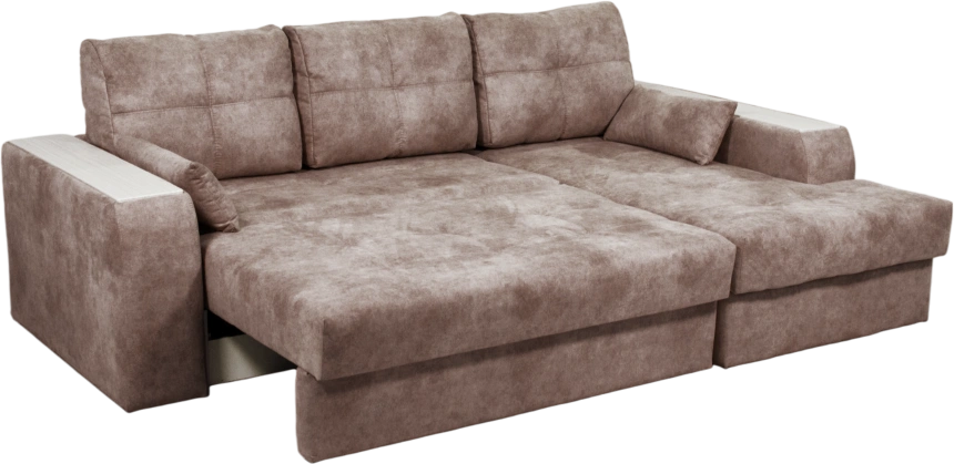 Диван угловой Остин, ткань Tornado chocolate, угол правый, декор Рамух белый