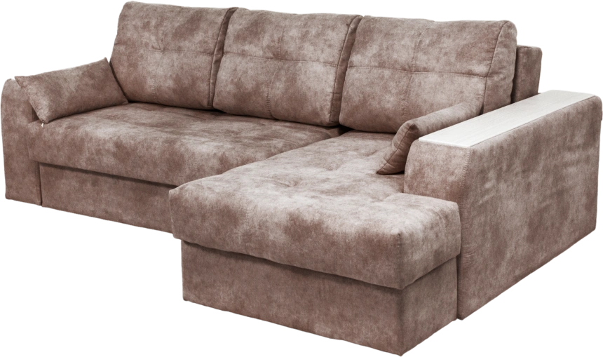 Диван угловой Остин, ткань Tornado chocolate, угол правый, декор Рамух белый