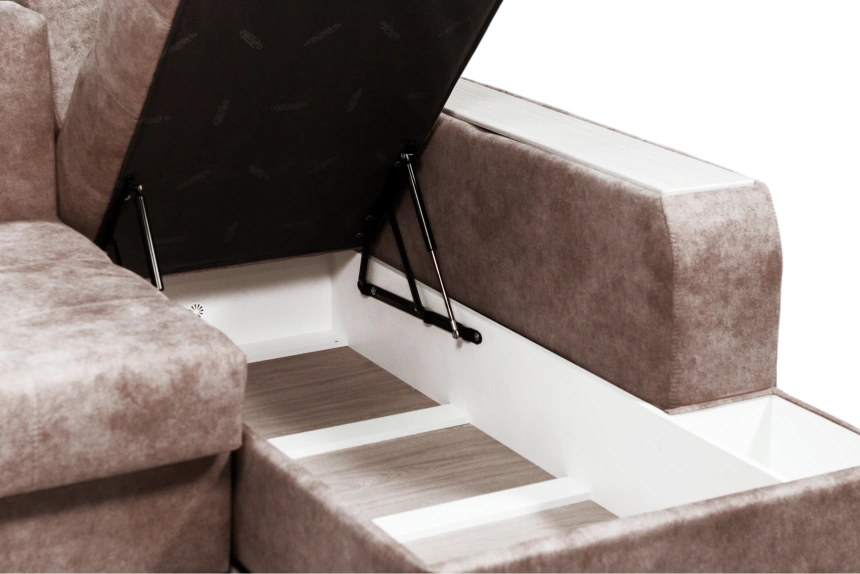 Диван угловой Остин, ткань Tornado chocolate, угол правый, декор Рамух белый