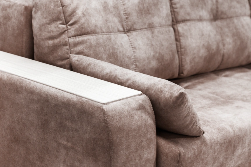 Диван угловой Остин, ткань Tornado chocolate, угол правый, декор Рамух белый