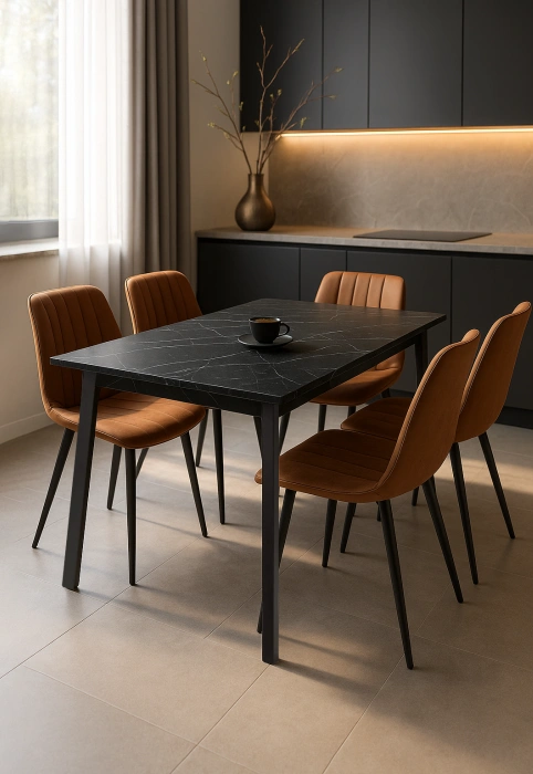 Кухонный раздвижной стол Агни, 110(140)х68х76, ЛДСП, файерстоун / черный матовый