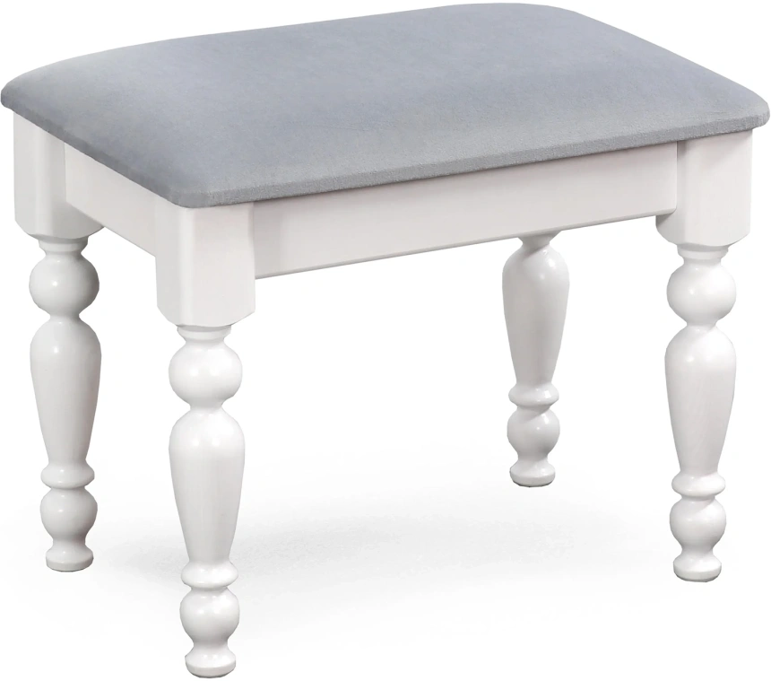 Банкетка №11, массив сосны, белый полупрозрачный / велюр серый