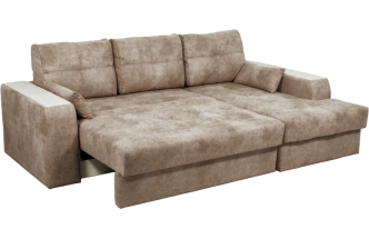 Диван угловой Остин, ткань Tornado camel, угол правый, декор Рамух белый