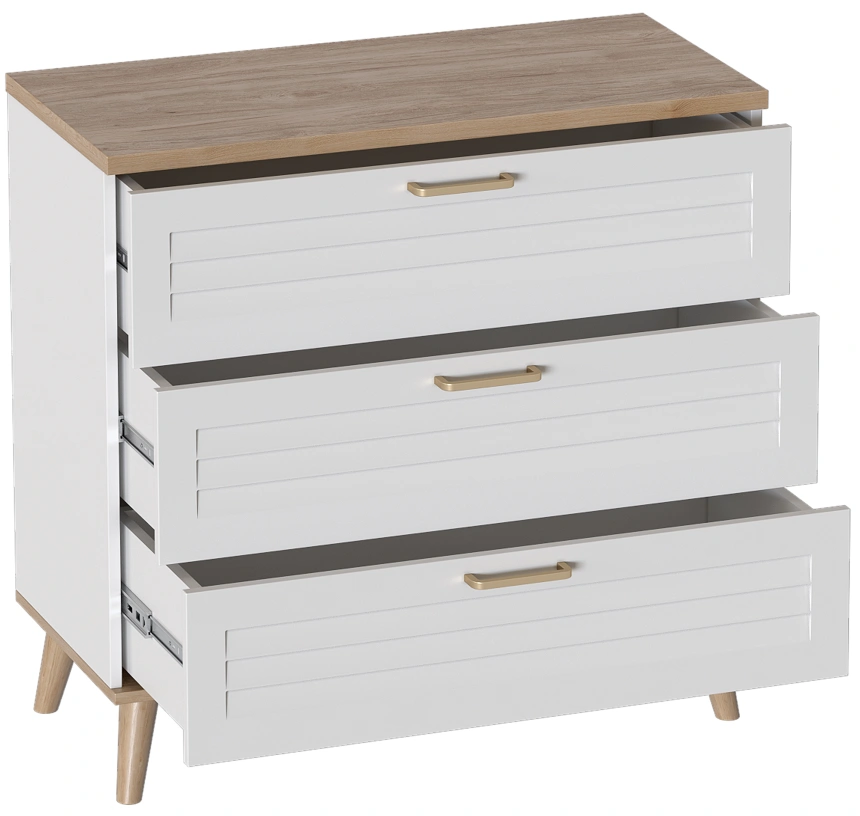 Комод Гавана, на ножках, с тремя ящиками, дуб натуральный светлый / белый матовый