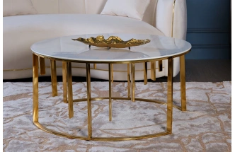 Журнальный стол GY-10006, 90x90x43, стекло в пленке ПВХ, белый мрамор / золото 