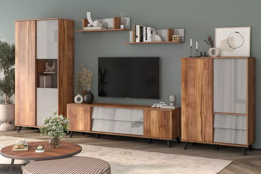 Гостиная модульная Онтарио 2, Дуб Барокко янтарный / Серый Асфальт глянец