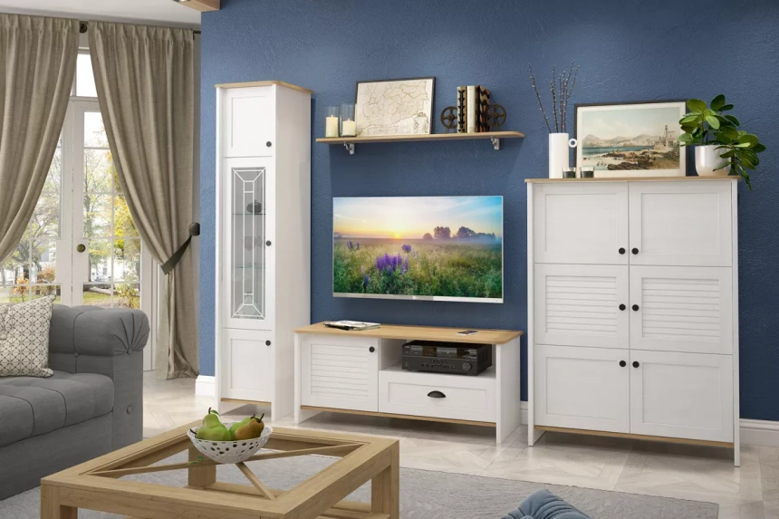 Тумба под ТВ Тифани, с полками и ящиком, Дуб небраска / Белый