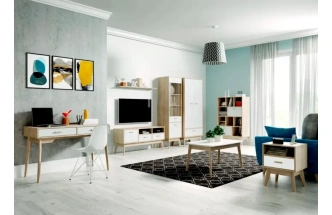 Модульная гостиная Калгари 3, дуб натуральный светлый / белый матовый