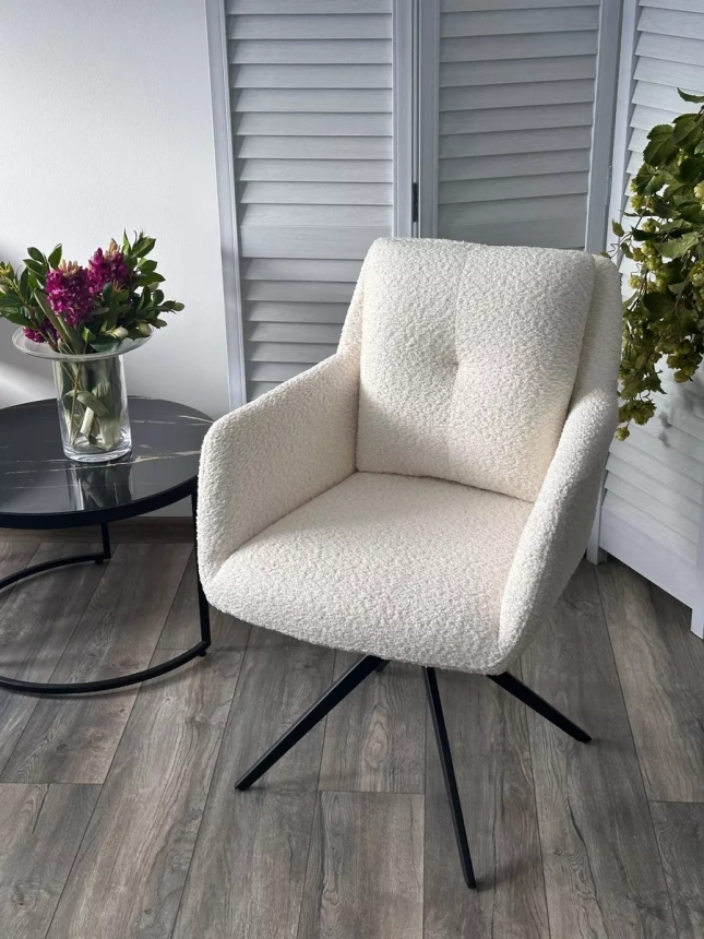 Стул Meadow, мягкий, поворотный, белый XD841-01, букле, черный каркас