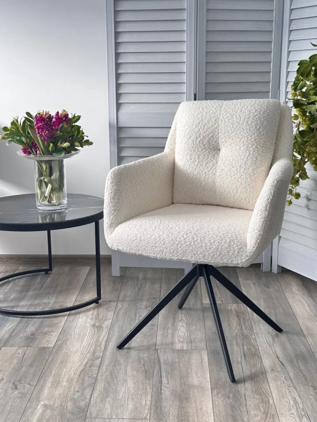 Стул Meadow, мягкий, поворотный, белый XD841-01, букле, черный каркас