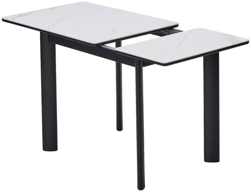 Кухонный раздвижной стол ТЕТ-А-ТЕТ 120, белый мрамор, керамика, черный каркас