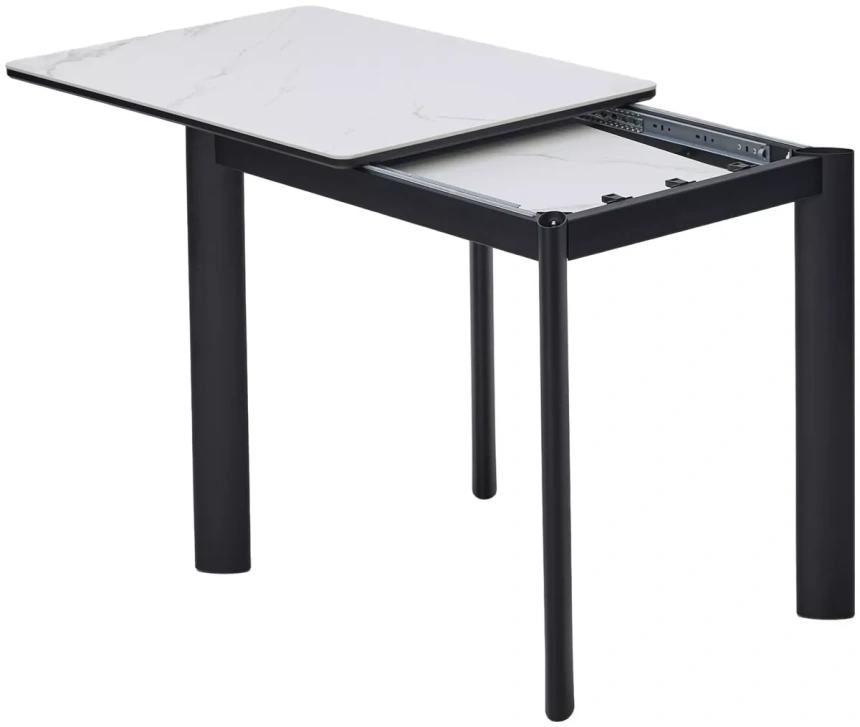 Кухонный раздвижной стол ТЕТ-А-ТЕТ 120, белый мрамор, керамика, черный каркас