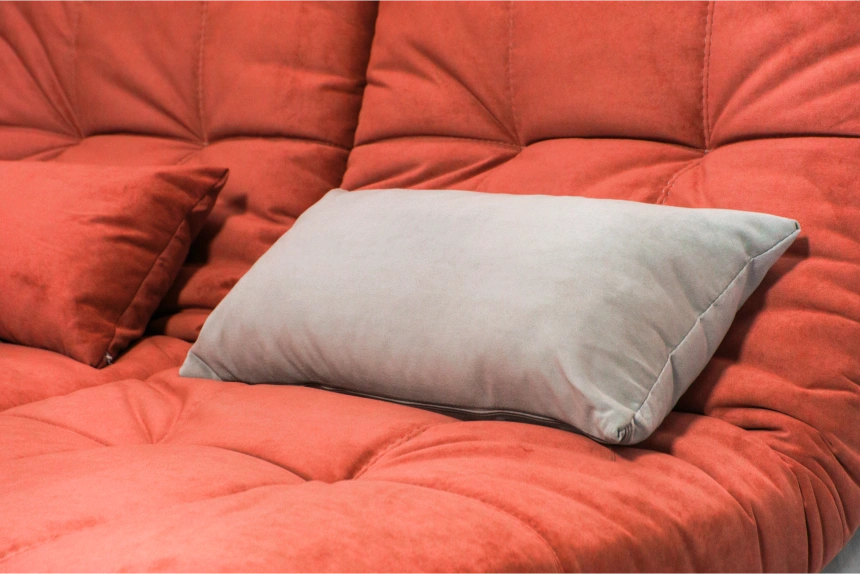 Диван угловой София 2 с кресельной частью, ткань Catania flame, Catania cocoa, с задней тканью