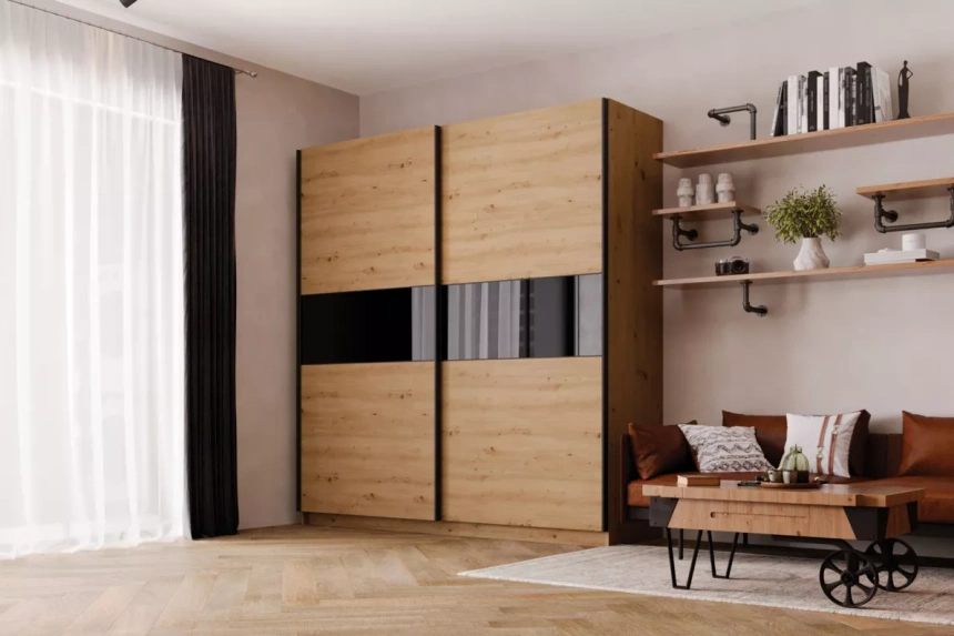 Шкаф-купе двухдверный Марвин-3, 203x220, Дуб дикий / Чёрный глянец / Софт Тач Чёрный