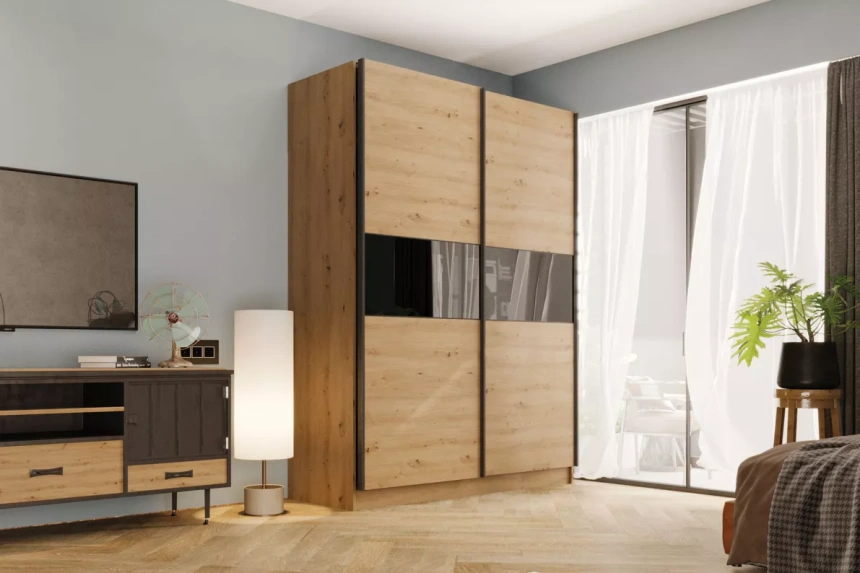 Шкаф-купе двухдверный Марвин-3, 163x220, Дуб дикий / Чёрный глянец / Софт Тач Чёрный