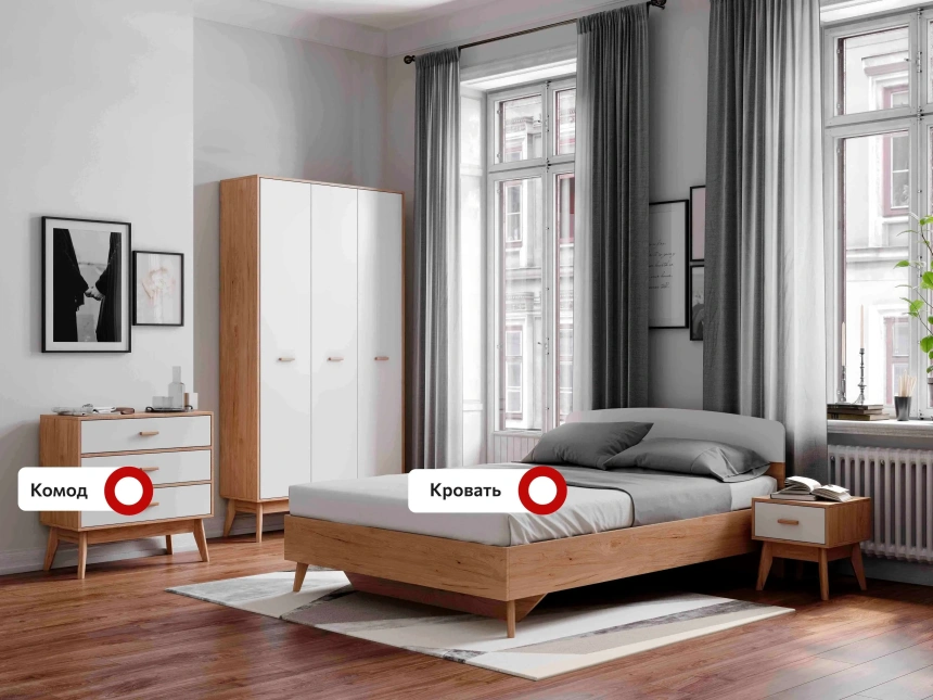 Спальный гарнитур Калгари, композиция #1, дуб натуральный светлый / белый матовый