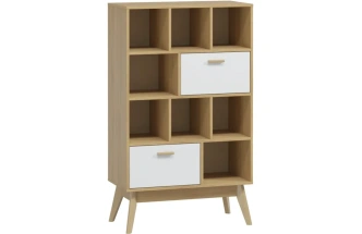 Стеллаж Калгари, с ящиками, дуб светлый / белый матовый