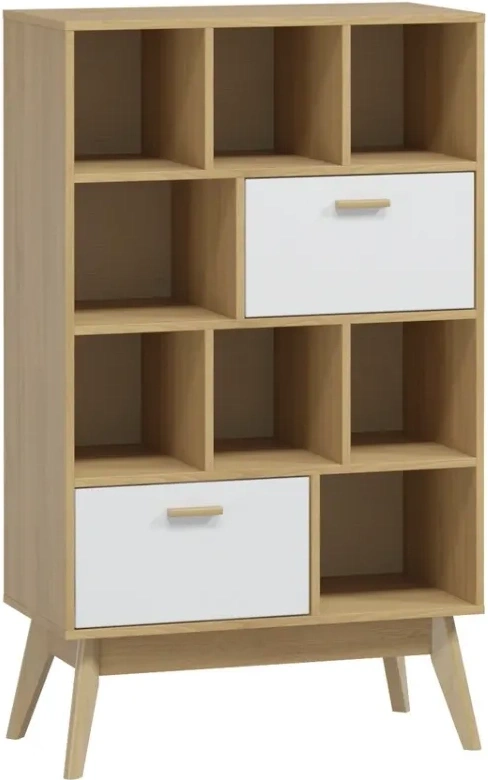 Стеллаж Калгари, с ящиками, дуб светлый / белый матовый