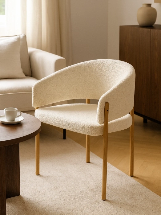 Стул-кресло Janin, мягкий, букле белый / цвет дерево