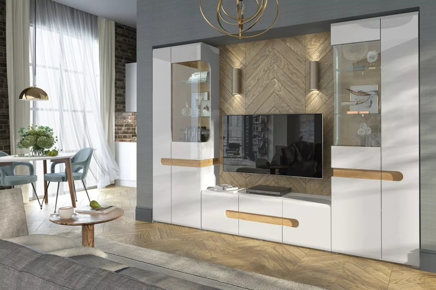 Шкаф двухдверный, со стеклом левый Катания, Белый/Дуб небраска