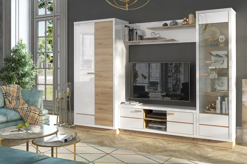 Тумба под ТВ Балтимор, с полками, Белый / Дуб дикий