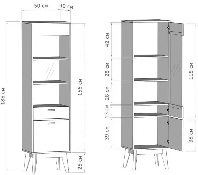 Шкаф-витрина Калгари, с полками, дуб натуральный светлый / белый матовый 
