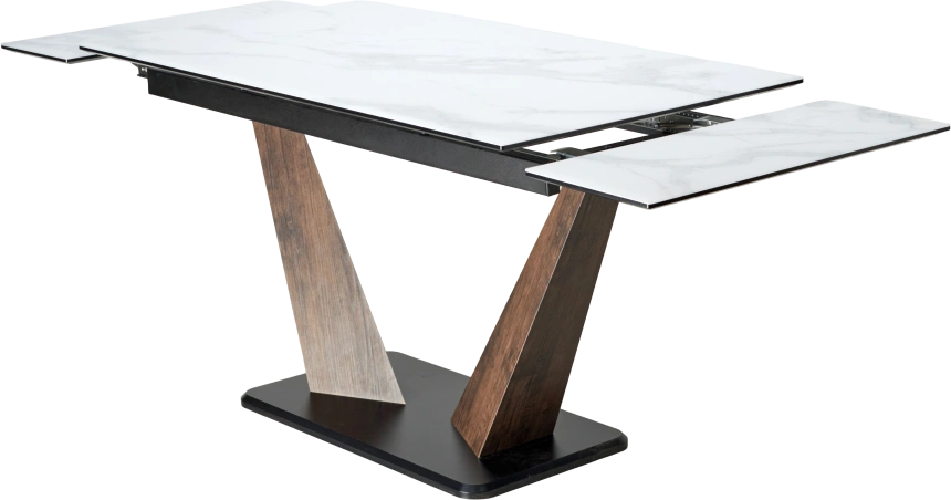 Кухонный стол раздвижной Вирджиния 140, белый мрамор, стекло сатинат, лесной орех, черный