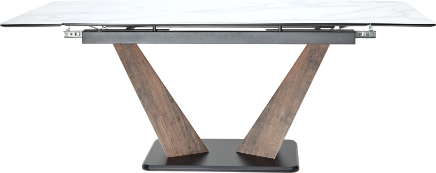 Кухонный стол раздвижной Вирджиния 140, белый мрамор, стекло сатинат, лесной орех, черный