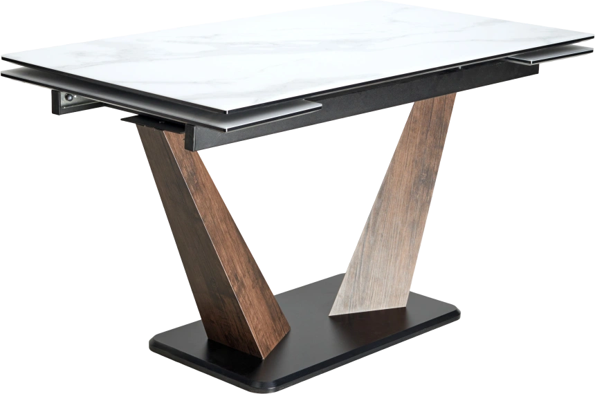 Кухонный стол раздвижной Вирджиния 140, белый мрамор, стекло сатинат, лесной орех, черный