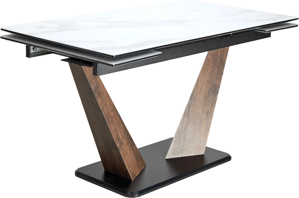 Кухонный стол раздвижной Вирджиния 140, белый мрамор, стекло сатинат, лесной орех, черный