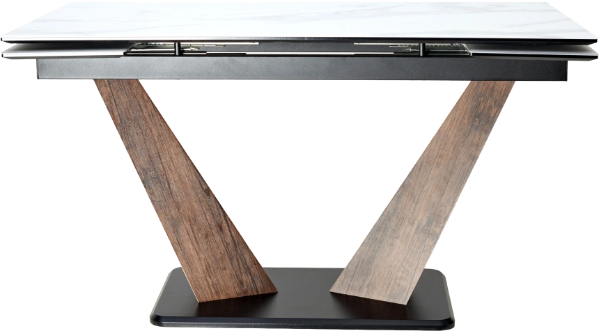 Кухонный стол раздвижной Вирджиния 140, белый мрамор, стекло сатинат, лесной орех, черный