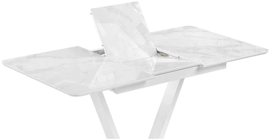 Кухонный раздвижной стол Бугун, 120(160)x80x77, стекло, белый мрамор с прожилками / белый