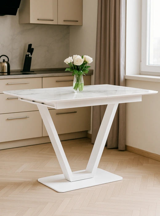 Кухонный раздвижной стол Бугун, 120(160)x80x77, стекло, белый мрамор с прожилками / белый