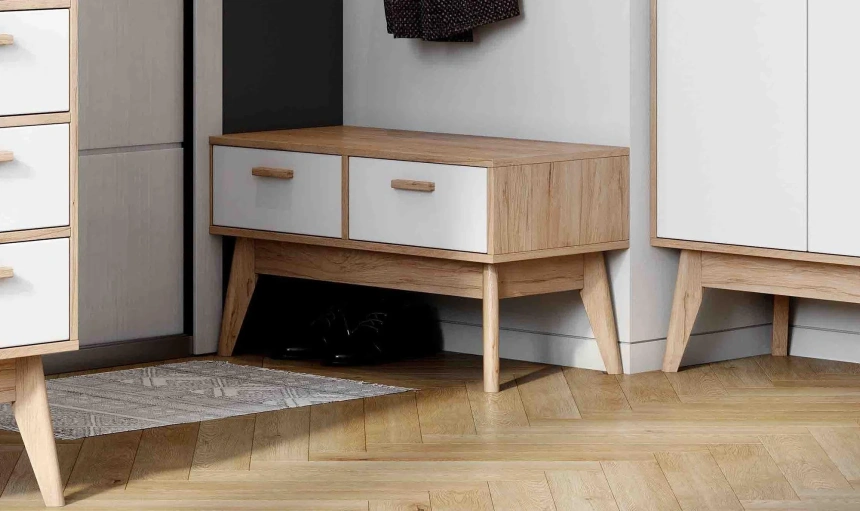 Тумба Калгари, низкая, с 2 ящиками, дуб светлый / белый матовый