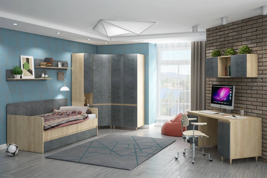 Шкаф угловой Киото, Дуб небраска / Бетон тёмный