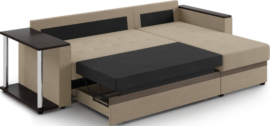 Диван угловой Атланта, модель 110, Savana Camel (бежевый) / ECOstile Chocolate / венге