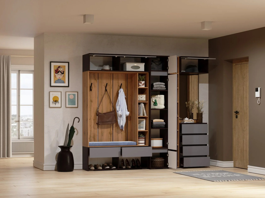 Шкаф одностворчатый Роут, распашной с полками, венге / графит софт