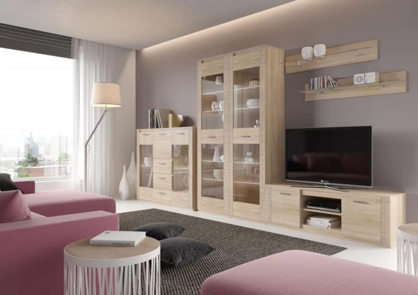 Полка Элана, открытая, дуб сонома / стекло