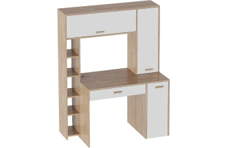 Стол компьютерный Калгари, с полками, дуб светлый / белый матовый