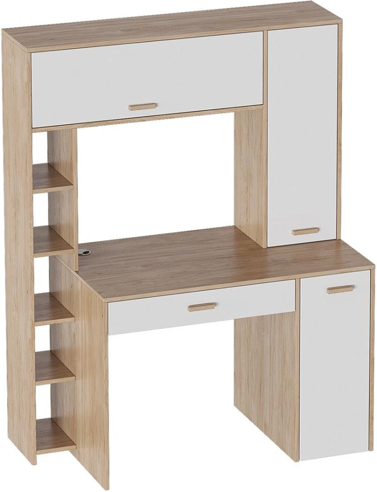 Стол компьютерный Калгари, с полками, дуб светлый / белый матовый